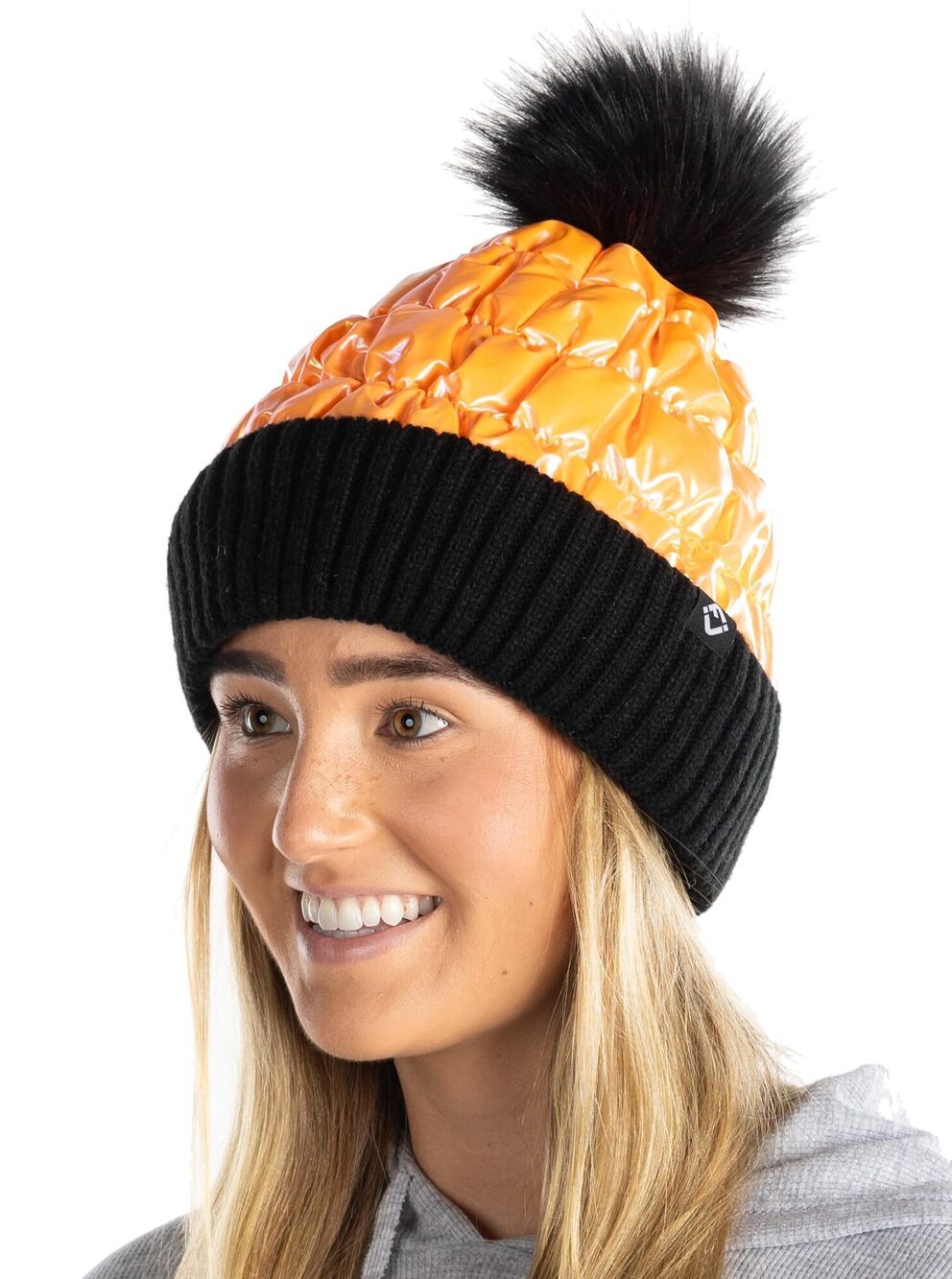 3002 Metallic Puffer Pom Hat with Faux Fur Pom-Pom, Fleece Lined Shiny Knit